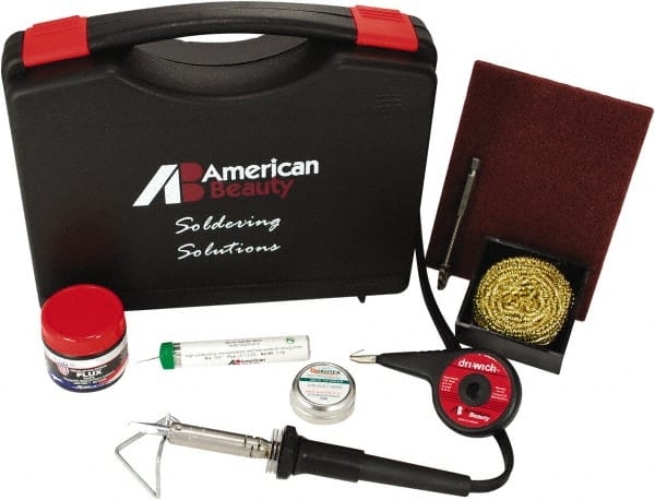 American Beauty - Soldering Iron Kit - Includes LEAD-FREE SOLDER, Brass Sponge Tip Cleaner, Cleaning Pad, Jar of Flux, Ruby Fluid, Spiral Brush, Solder Sucker, Carrying Case, Soldering Iron Cradle - Exact Tooling