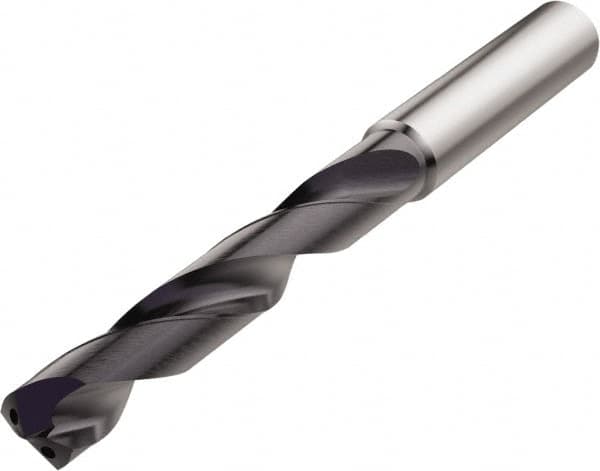 Seco - 18.2mm 140° Solid Carbide Jobber Drill - TiAlN Finish, Right Hand Cut, Spiral Flute, Straight Shank, 153mm OAL, Cone Relief Point - Exact Tooling