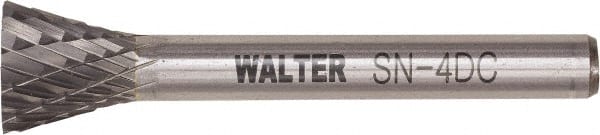 WALTER Surface Technologies - 1/4" Cut Diam, 1/4" Shank Diam, Inverted Cone Head Double Cut Burr - Tungsten Carbide, 1" LOC, 4" OAL - Exact Tooling