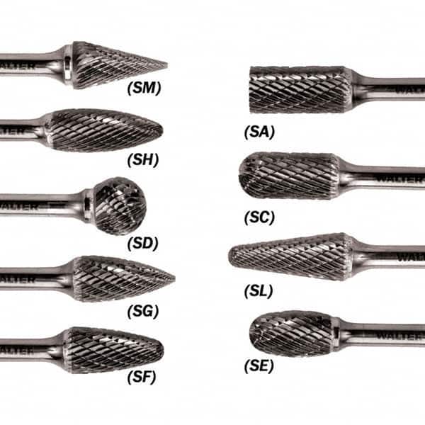WALTER Surface Technologies - 3/8" Cut Diam, 1/4" Shank Diam, Cylinder Ball End Head Single Cut Burr - Tungsten Carbide, 3/4" LOC, 3-3/4" OAL - Exact Tooling
