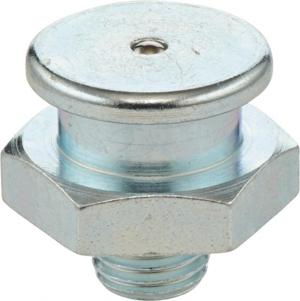 Umeta - Straight Head Angle, M8x1 Metric Steel Button-Head Grease Fitting - 17mm Hex, 17mm Overall Height, 6mm Shank Length, Zinc Plated Finish - Exact Tooling