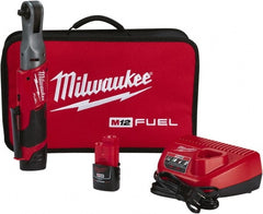 Milwaukee Tool - 3/8" Drive 12 Volt Pistol Grip Cordless Impact Wrench & Ratchet - 200 RPM, 55 Ft/Lb Torque, 2 Lithium-Ion Batteries Included - Exact Tooling