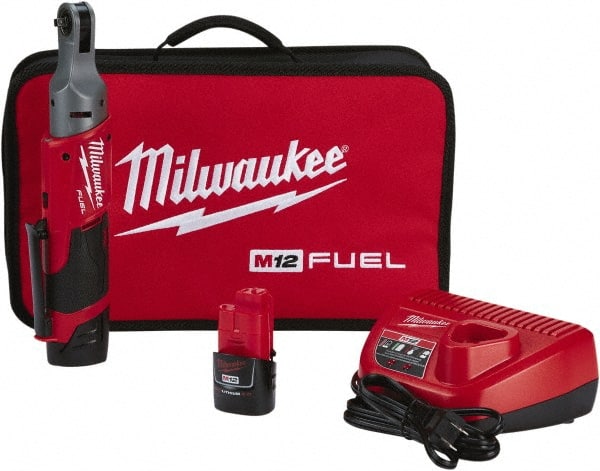 Milwaukee Tool - 1/4" Drive 12 Volt Pistol Grip Cordless Impact Wrench & Ratchet - 250 RPM, 40 Ft/Lb Torque, 2 Lithium-Ion Batteries Included - Exact Tooling