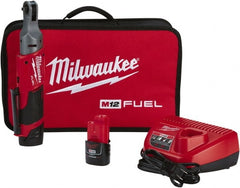 Milwaukee Tool - 1/4" Drive 12 Volt Pistol Grip Cordless Impact Wrench & Ratchet - 250 RPM, 40 Ft/Lb Torque, 2 Lithium-Ion Batteries Included - Exact Tooling