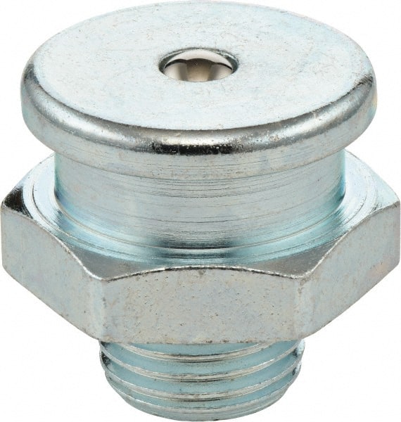 Umeta - Straight Head Angle, 3/8-18 NPTF Steel Button-Head Grease Fitting - 22mm Hex, 33mm Overall Height, 14mm Shank Length, Zinc Plated Finish - Exact Tooling