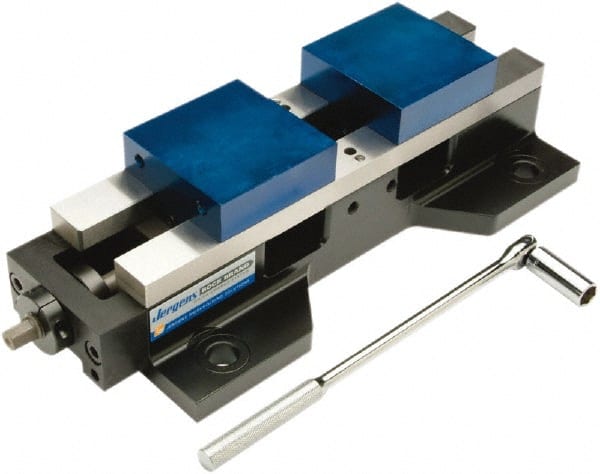 Jergens - 6" Jaw Width, 17-1/2" Max Jaw Opening, Manual Self Centering Vise - 10,100 Max Operating psi, 8.055" Stroke Length, 22" OAL x 8" OAW x 4" OAH - Exact Tooling