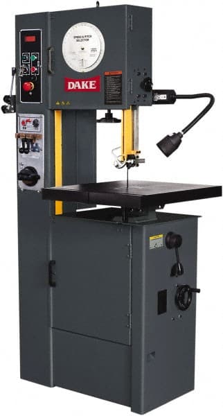 Dake - 15-1/2" Throat Capacity, Variable Speed Pulley Vertical Bandsaw - 25 to 1,200 SFPM, 2 hp, Three Phase - Exact Tooling