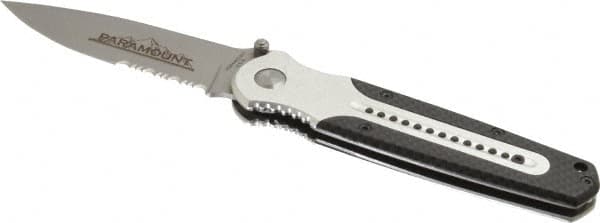 Paramount - 3-3/8" Blade, 8" OAL, Partially Serrated Liner Lock Folding Knife - 4-5/8" Closed Length, Aluminum, 1 Blade, Semi Serrated Blade - Exact Tooling