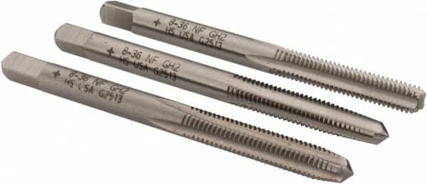 Cleveland - #8-36 UNF, 4 Flute, Bottoming, Plug & Taper, Bright Finish, High Speed Steel Tap Set - Right Hand Cut, 2-1/8" OAL, 0.38" Thread Length - Exact Tooling