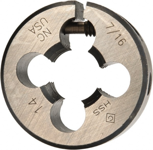 Cle-Line - 7/16-14 UNC Thread, 1" Outside Diam High Speed Steel Round Die - 3/8" Thick, Right Hand Thread, Adjustable - Exact Tooling