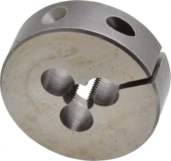 Cle-Line - 1/4-28 UNF Thread, 1-1/2" Outside Diam High Speed Steel Round Die - 1/2" Thick, Right Hand Thread, Adjustable - Exact Tooling