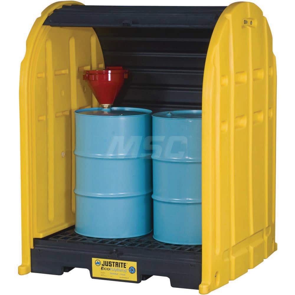 Justrite - Drum Storage Units & Lockers; Number of Drums: 2 ; Sump Capacity (Gal.): 67.00 ; Height (Inch): 75 ; Height (Feet): 6.250 ; Length (Inch): 58-1/2 ; Length (Feet): 4.750 - Exact Tooling