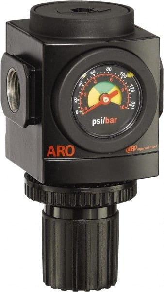 ARO/Ingersoll-Rand - 1/2 NPT Port, 210 CFM, Aluminum Standard Regulator - 0 to 140 psi Range, 250 Max psi Supply Pressure, 1/8" Gauge Port Thread, 3.15" Wide x 5.472" High - Exact Tooling