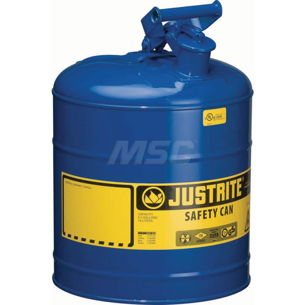 Justrite - Safety Dispensing Cans; Capacity: 5 Gal. ; Material: Steel ; Color: Blue ; Height (Decimal Inch): 16.875000 ; Diameter/Length (mm): 11.75 ; Approval Listing/Regulations: FM Approved; UL; ULC; TUV - Exact Tooling