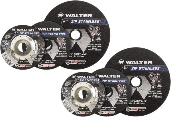 WALTER Surface Technologies - 4-1/2" Aluminum Oxide Cutoff Wheel - 3/64" Thick, 7/8" Arbor, 13,300 Max RPM, Use with Angle Grinders - Exact Tooling