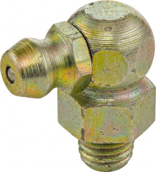 Umeta - 90° Head Angle, M10x1 Metric Brass Standard Grease Fitting - 11mm Hex, 20mm Overall Height, 5.5mm Shank Length - Exact Tooling