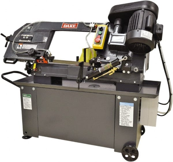 Dake - 9 x 12" Max Capacity, Manual Step Pulley Horizontal Bandsaw - 98 to 328 SFPM Blade Speed, 110 Volts, 45°, 1 hp, 1 Phase - Exact Tooling