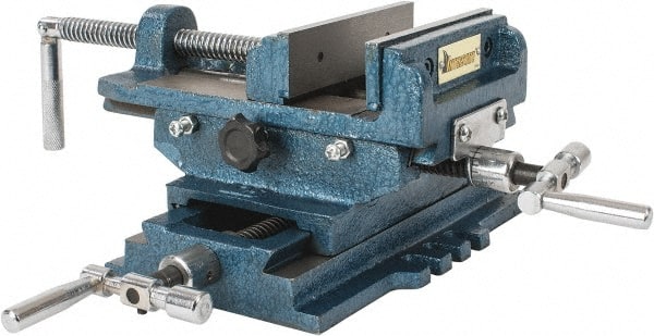 Interstate - 5-5/16" Jaw Opening Capacity x 1-5/16" Throat Depth, Horizontal Drill Press Vise - 5" Wide x 1-5/16" High Jaw, Cross Slide Base, Standard Speed, 10" OAL x 5.3" Overall Height, Cast Iron - Exact Tooling