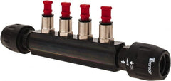 Transair - 7/8" ID, Plastic 4 Port 25mm Push-to-Connect Air Hose Manifold - 232 Max psi, 10-11/16" Long - Exact Tooling