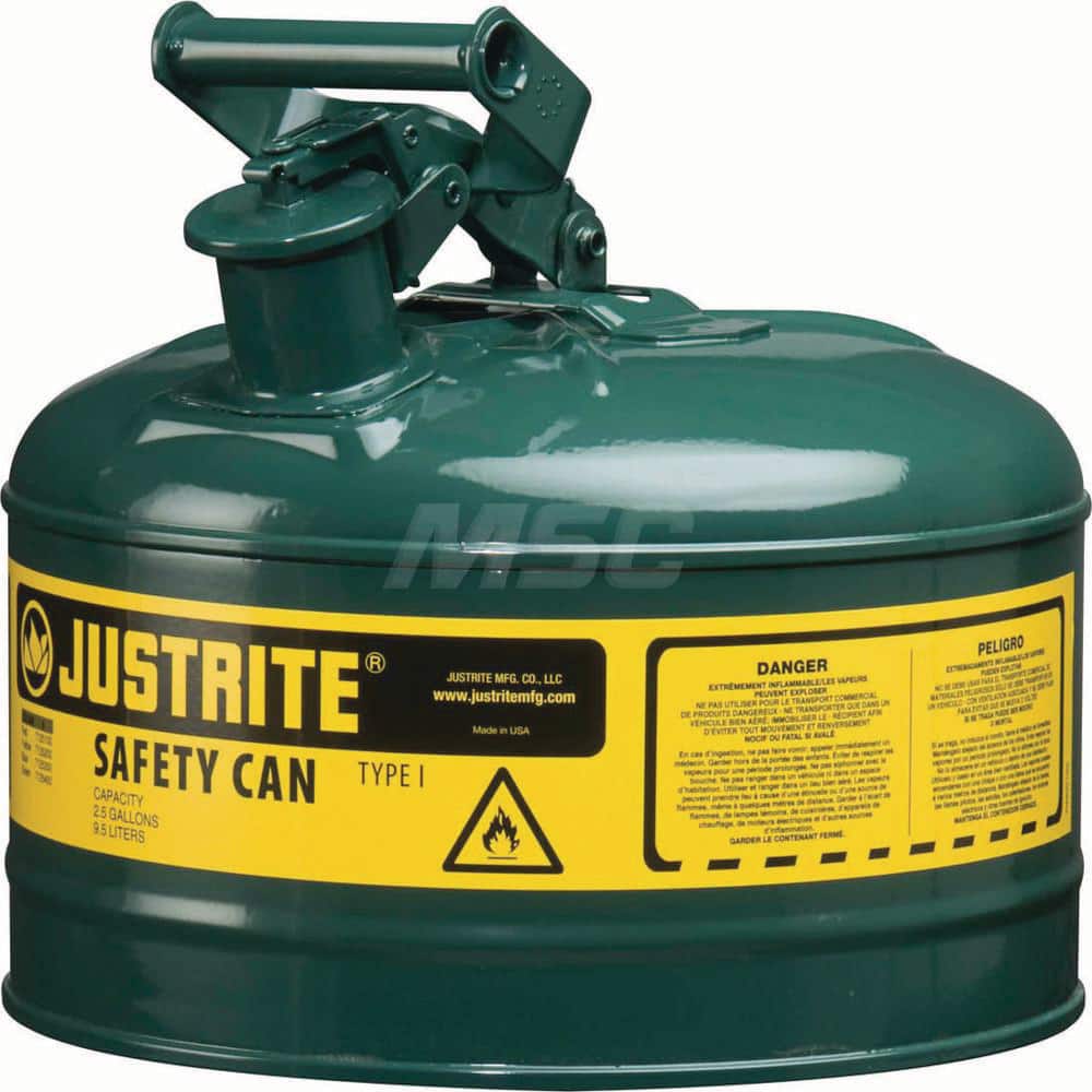 Justrite - Safety Dispensing Cans; Capacity: 2.5 Gal ; Material: Steel ; Color: Green ; Height (Decimal Inch): 11.500000 ; Diameter/Length (mm): 11.75 ; Approval Listing/Regulations: FM Approved; UL; ULC; TUV - Exact Tooling