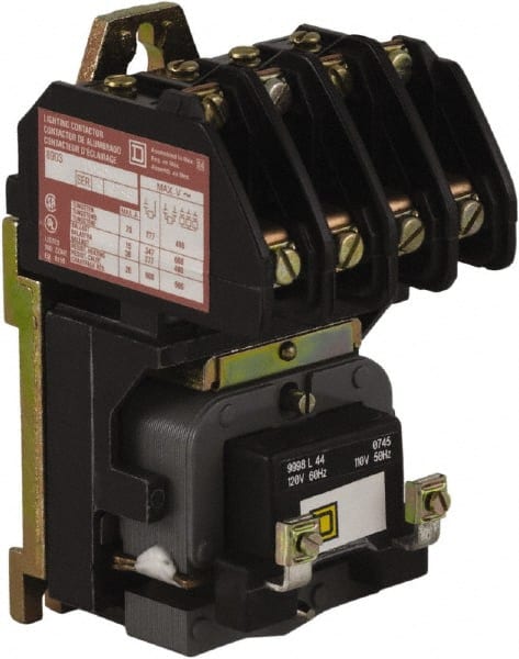 Square D - No Enclosure, 4 Pole, Electrically Held Lighting Contactor - 20 A (Tungsten), 30 A (Fluorescent), 24 VAC at 60 Hz, 4NO Contact Configuration - Exact Tooling