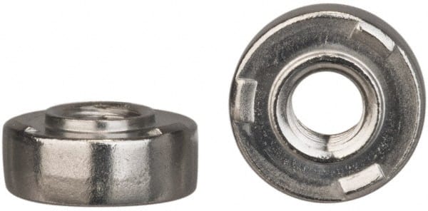 Electro Hardware - #10-24, 0.44" Body Diam, Round Head, Grade 303 Stainless Steel Weld Nut - 0.155" Pilot Height, 0.03" Min Panel Thickness, Passivated Finish - Exact Tooling