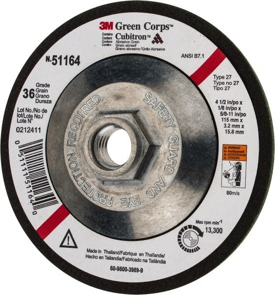 3M - 36 Grit, 4-1/2" Wheel Diam, 1/8" Wheel Thickness, Type 27 Depressed Center Wheel - Ceramic, 13,300 Max RPM, Compatible with Angle Grinder - Exact Tooling