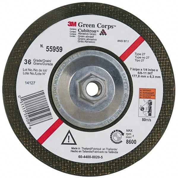 3M - 36 Grit, 7" Wheel Diam, 1/4" Wheel Thickness, Type 27 Depressed Center Wheel - Ceramic, 8,600 Max RPM, Compatible with Angle Grinder - Exact Tooling
