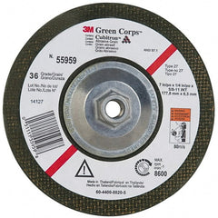 3M - 36 Grit, 7" Wheel Diam, 1/4" Wheel Thickness, Type 27 Depressed Center Wheel - Ceramic, 8,600 Max RPM, Compatible with Angle Grinder - Exact Tooling