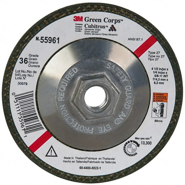 3M - 36 Grit, 4-1/2" Wheel Diam, 1/4" Wheel Thickness, Type 27 Depressed Center Wheel - Ceramic, 13,300 Max RPM, Compatible with Angle Grinder - Exact Tooling