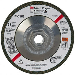 3M - 36 Grit, 4-1/2" Wheel Diam, 1/4" Wheel Thickness, Type 27 Depressed Center Wheel - Ceramic, 13,300 Max RPM, Compatible with Angle Grinder - Exact Tooling