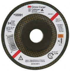 3M - 24 Grit, 4-1/2" Wheel Diam, 1/4" Wheel Thickness, 7/8" Arbor Hole, Type 27 Depressed Center Wheel - Ceramic, 13,300 Max RPM, Compatible with Angle Grinder - Exact Tooling