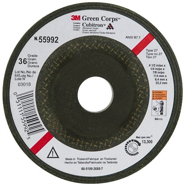 3M - 36 Grit, 4-1/2" Wheel Diam, 1/4" Wheel Thickness, 7/8" Arbor Hole, Type 27 Depressed Center Wheel - Ceramic, 13,300 Max RPM, Compatible with Angle Grinder - Exact Tooling