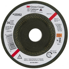3M - 36 Grit, 4-1/2" Wheel Diam, 1/4" Wheel Thickness, 7/8" Arbor Hole, Type 27 Depressed Center Wheel - Ceramic, 13,300 Max RPM, Compatible with Angle Grinder - Exact Tooling