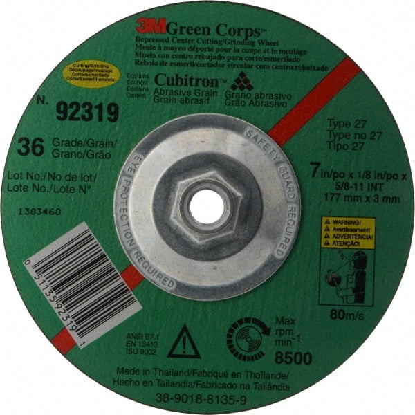 3M - 36 Grit, 7" Wheel Diam, 1/8" Wheel Thickness, Type 27 Depressed Center Wheel - Ceramic, 8,500 Max RPM, Compatible with Angle Grinder - Exact Tooling