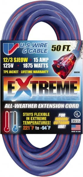 Value Collection - 50', 12/3 Gauge/Conductors, Blue/Pink Indoor & Outdoor Extension Cord - 1 Receptacle, 15 Amps, 125 Volts, UL SJEOW, NEMA 5-15P - Exact Tooling