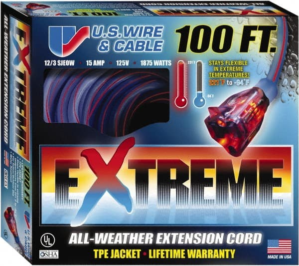 Value Collection - 100', 12/3 Gauge/Conductors, Blue/Pink Indoor & Outdoor Extension Cord - 1 Receptacle, 15 Amps, 125 Volts, UL SJEOW, NEMA 5-15P - Exact Tooling