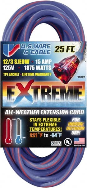 Value Collection - 25', 12/3 Gauge/Conductors, Blue/Pink Indoor & Outdoor Extension Cord - 1 Receptacle, 15 Amps, 125 Volts, UL SJEOW, NEMA 5-15P - Exact Tooling