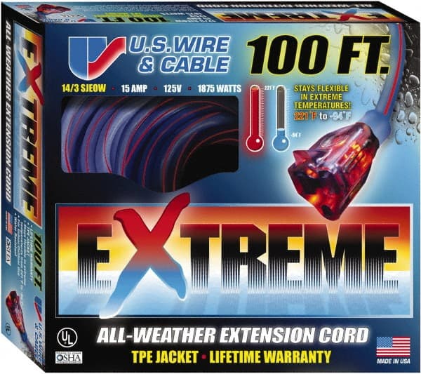 Value Collection - 100', 14/3 Gauge/Conductors, Blue/Pink Indoor & Outdoor Extension Cord - 1 Receptacle, 13 Amps, 125 Volts, UL SJEOW, NEMA 5-15P - Exact Tooling