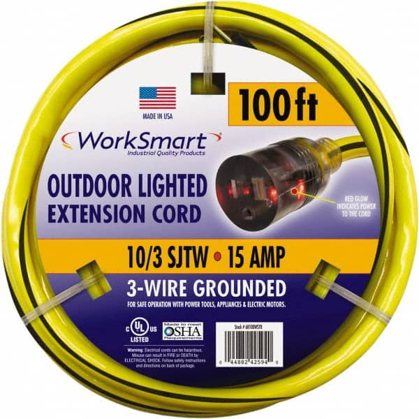 Value Collection - 100', 10/3 Gauge/Conductors, Yellow/Black Outdoor Extension Cord - 1 Receptacle, 15 Amps, UL SJTW, NEMA 5-15P - Exact Tooling