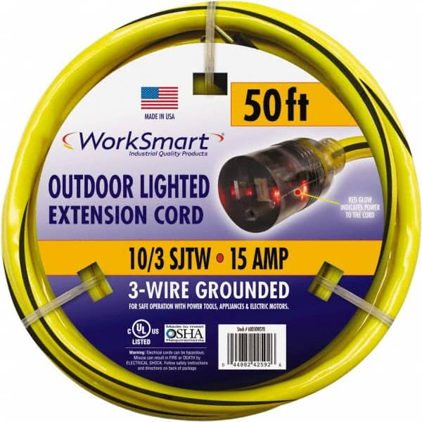 Value Collection - 50', 10/3 Gauge/Conductors, Yellow/Black Outdoor Extension Cord - 1 Receptacle, 15 Amps, UL SJTW, NEMA 5-15P - Exact Tooling