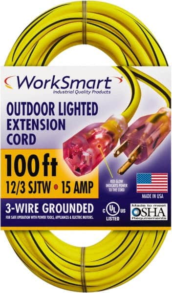Value Collection - 100', 12/3 Gauge/Conductors, Yellow/Black Outdoor Extension Cord - 1 Receptacle, 15 Amps, UL SJTW, NEMA 5-15P - Exact Tooling