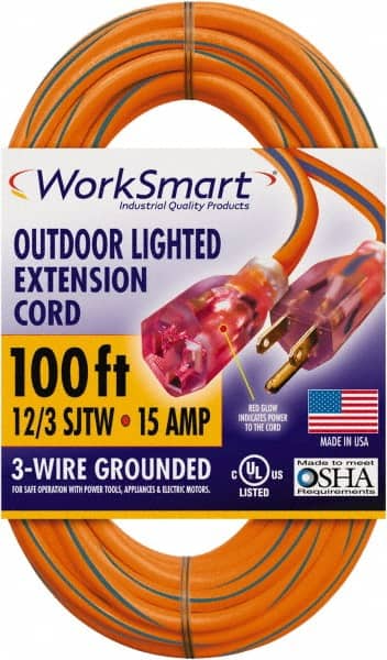 Value Collection - 100', 12/3 Gauge/Conductors, Orange/Blue Outdoor Extension Cord - 1 Receptacle, 15 Amps, UL SJTW, NEMA 5-15P - Exact Tooling