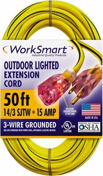 Value Collection - 50', 14/3 Gauge/Conductors, Yellow/Black Outdoor Extension Cord - 1 Receptacle, 15 Amps, UL SJTW, NEMA 5-15P - Exact Tooling