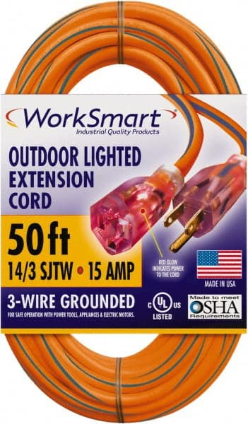 Value Collection - 50', 14/3 Gauge/Conductors, Orange/Blue Outdoor Extension Cord - 1 Receptacle, 15 Amps, UL SJTW, NEMA 5-15P - Exact Tooling