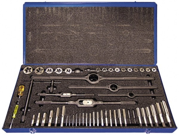 Cle-Line - 1/8-27 to M18x1.50 Tap, 1/4-20 to 1/2-20 Die, NPT, UNC, UNF, Tap and Die Set - Plug Taps, Adjustable, 52 Piece Set - Exact Tooling