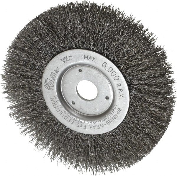 Weiler - 6" OD, 3/4" Arbor Hole, Crimped Wheel Brush - 1/2" Face Width, 1-7/16" Trim Length, 0.014" Filament Diam, 6,000 RPM - Exact Tooling