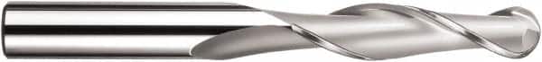 SGS - 5/8" Diam, 2-1/4" LOC, 2 Flute Solid Carbide Ball End Mill - TiN Finish, Single End, 5" OAL, 5/8" Shank Diam, Spiral Flute - Exact Tooling