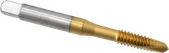 OSG - 1/4-20 UNC, 2 Flute, TiN Finish, High Speed Steel Spiral Point Tap - Plug Chamfer, Right Hand Thread, 2-1/2" OAL, 1" Thread Length, 0.255" Shank Diam, Series 105 - Exact Tooling