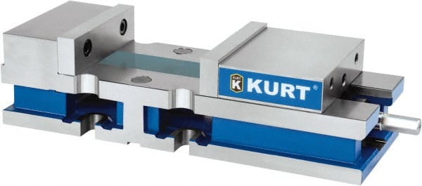 Kurt - 8" Jaw Width, 10-1/4" Jaw Opening Capacity, Horizontal Stationary Machine Vise - Reverse Manual Operation, 1 Station, 24" Long x 6" High x 1" Deep, 6" Jaw Height, 100 Lb Max Clamp Force, Ductile Iron - Exact Tooling